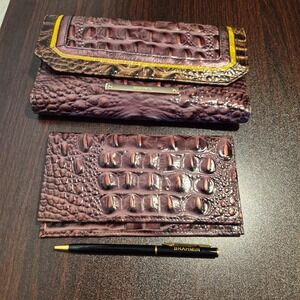Brahmin Wallet Checkbook Cover & Pen Leather Fig Colorway With Gold Trim